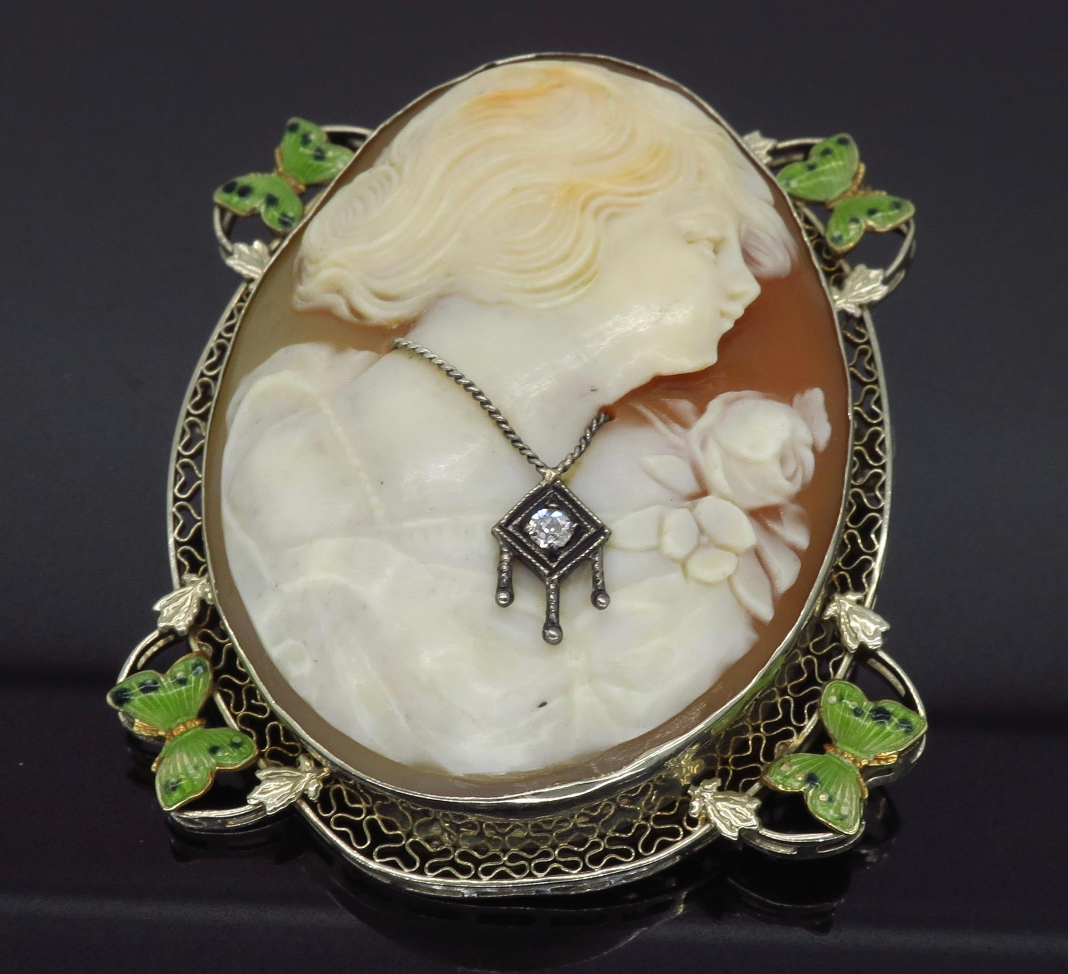 Vintage Diamond and Enamel Cameo In Good Condition In Webster, NY