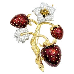 Retro Diamond and Enamel Strawberry Blossom Brooch Set in 18 Karat Yellow Gold