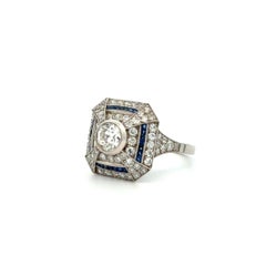 Vintage Diamond and French Cut Blue Sapphire Platinum Ring Estate Fine Jewelry