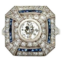 Vintage Diamond and French Cut Blue Sapphire Platinum Ring Estate Fine Jewelry
