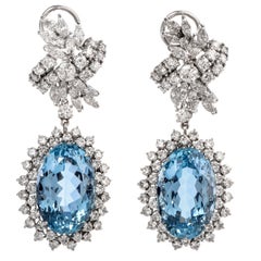 Vintage Diamond and GIA Certified Natural 36.76 Carat Aquamarine Dangle Earrings