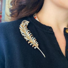 Vintage Diamond and Gold Feather Brooch, 3.50 Carat, Circa 1950