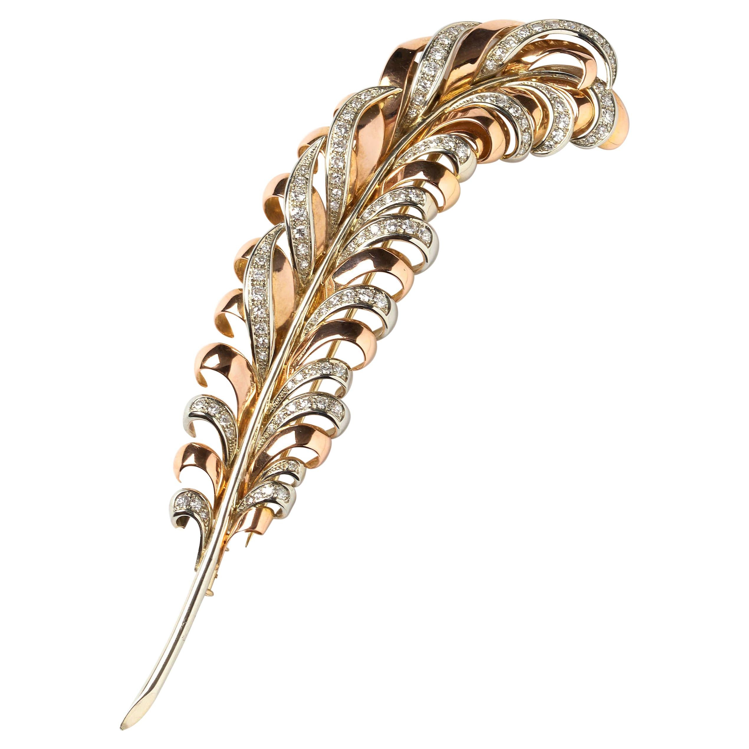 Vintage Diamond and Gold Feather Brooch, 3.50 Carat, Circa 1950