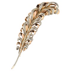Vintage Diamond and Gold Feather Brooch, 3.50 Carat, Circa 1950