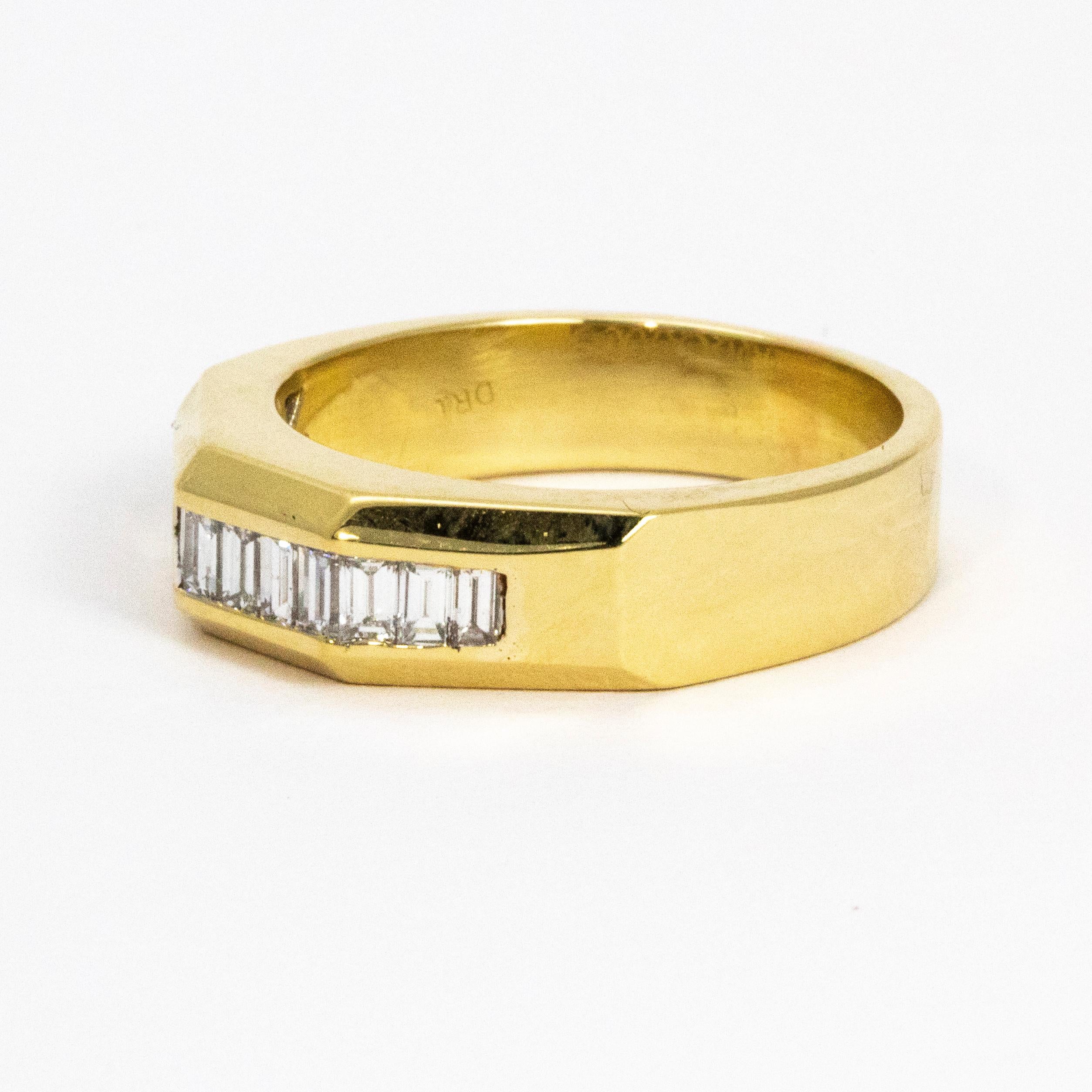 Chunky and modern in design, this ring has a sparkling row of baguette diamonds set in 14ct gold.

Ring Size: U 1/2 or 10 1/4