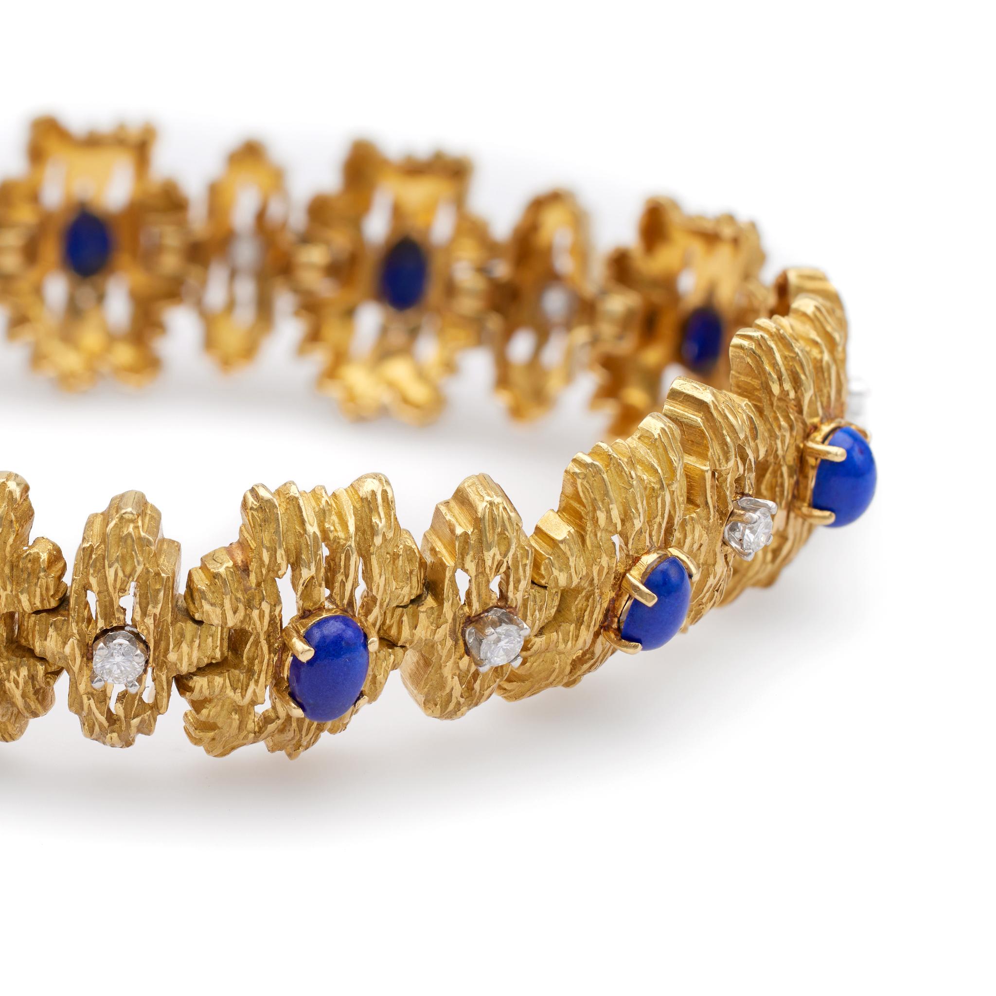 Vintage Diamant und Lapislazuli 18k Gelbgold Modernist Link Bracelet (Brillantschliff) im Angebot