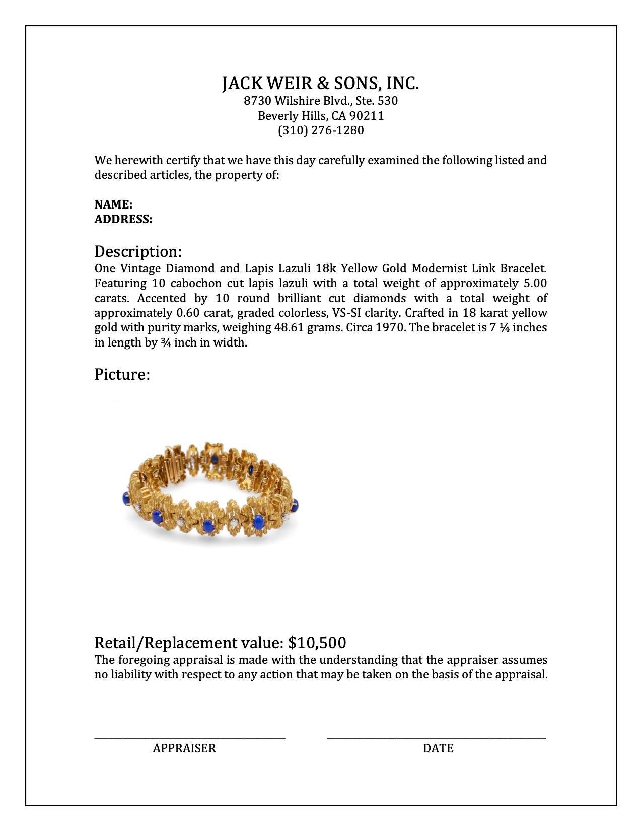 Vintage Diamant und Lapislazuli 18k Gelbgold Modernist Link Bracelet im Zustand „Gut“ im Angebot in Beverly Hills, CA