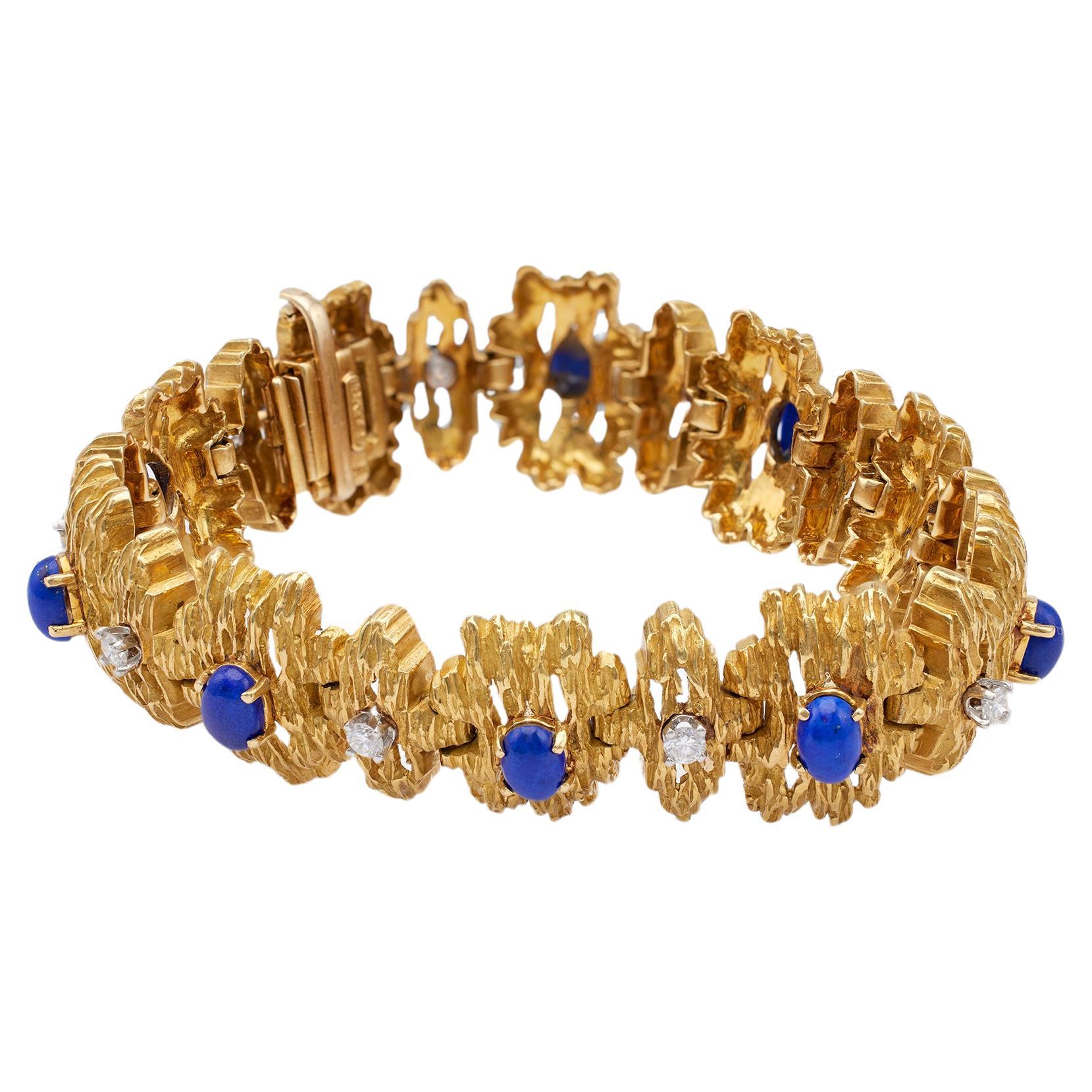 Bracelet moderniste vintage en or jaune 18 carats avec diamants et lapis-lazuli