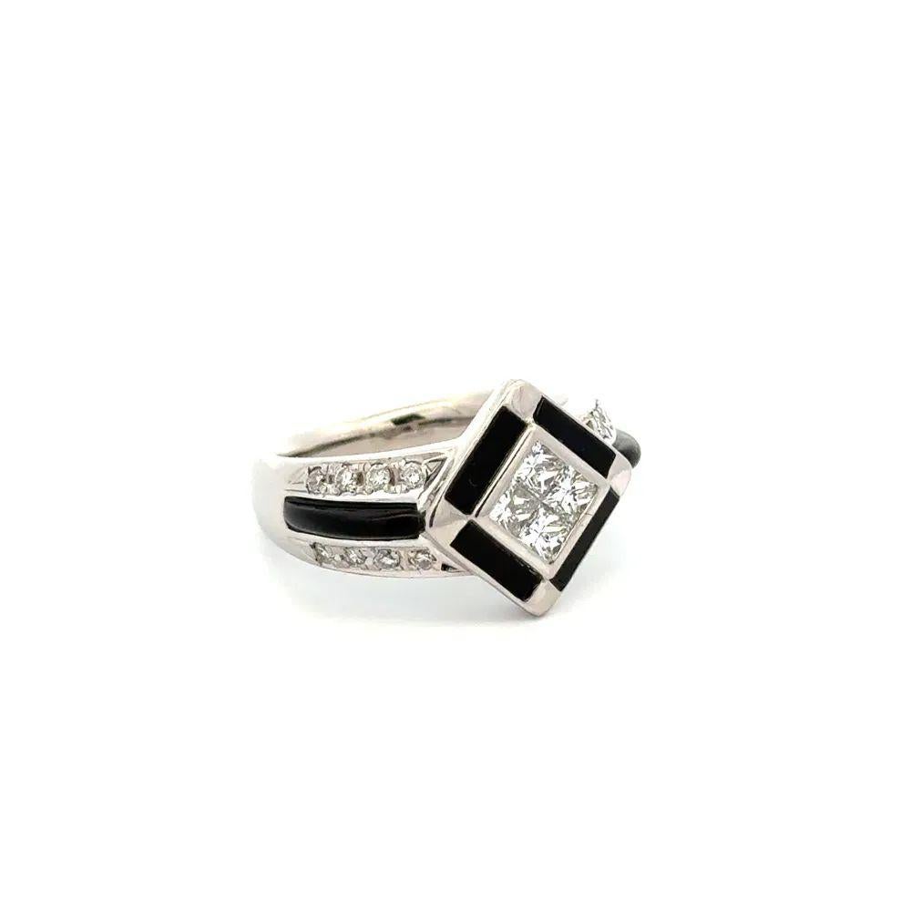 Simply Beautiful! Finely detailed Platinum Cocktail Ring, Centering securely nestled Hand set Princess Cut Diamonds, weighing approx. .75tcw. Accented and Surrounded by Onyx and Round Brilliant Cut Diamonds, approx. .70tcw and custom cut Onyx.
