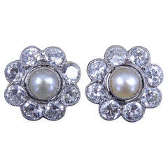 Vintage Diamond and Pearl Cluster Earrings, Circa 1950s