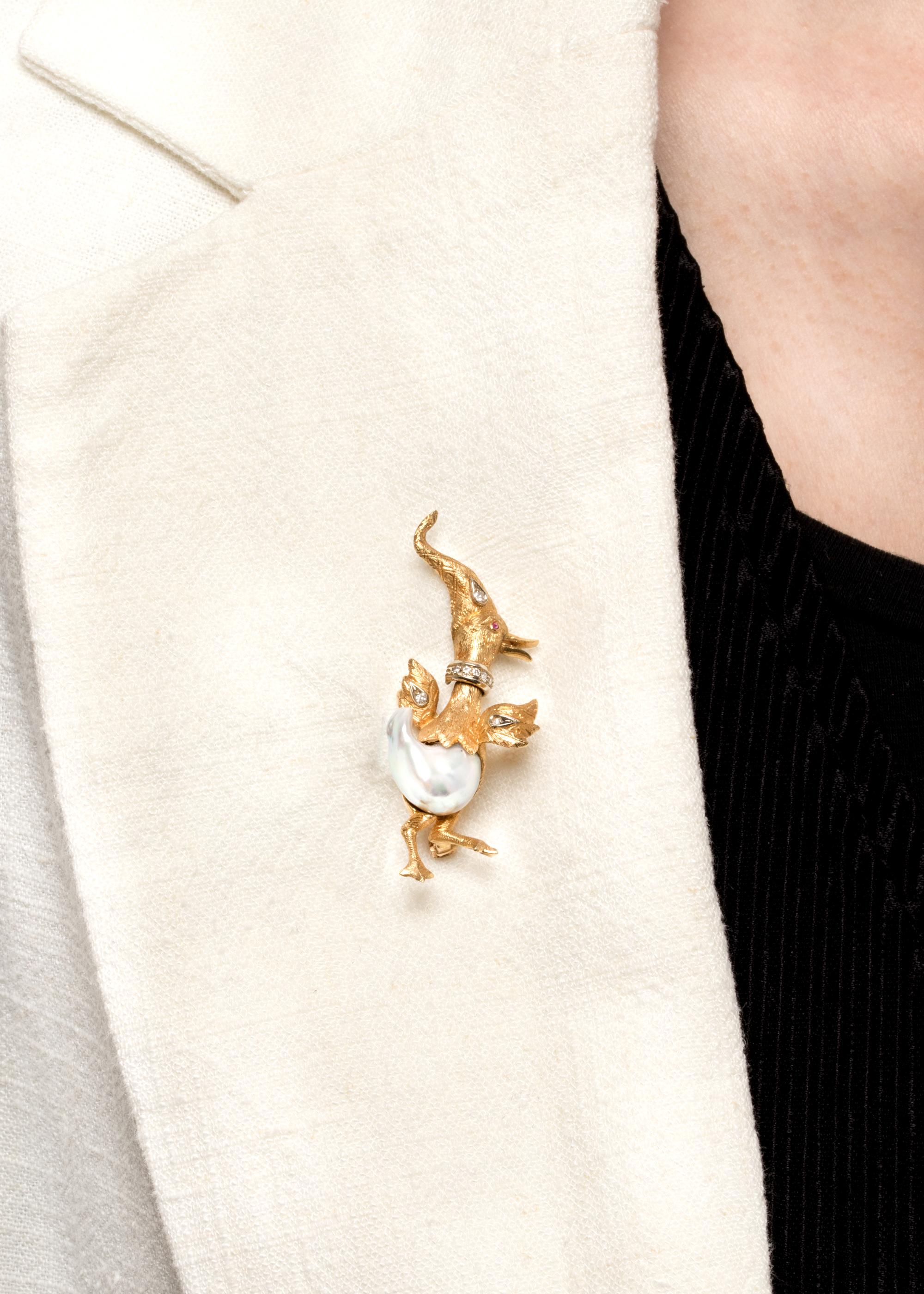 Retro Vintage Diamond and Pearl Duck Brooch, c.1970s