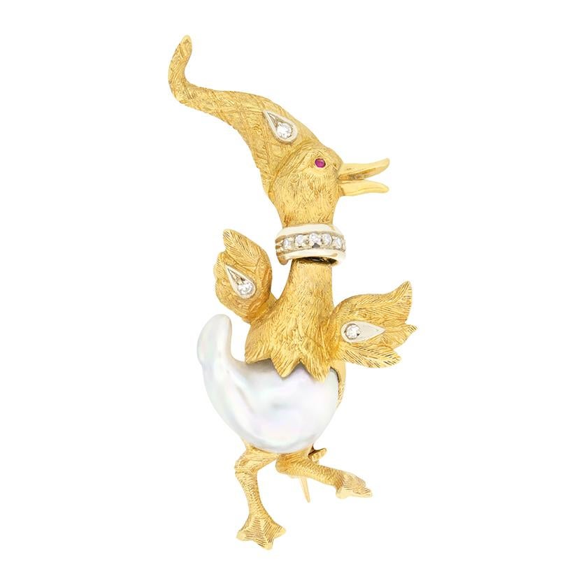Round Cut Vintage Diamond and Pearl Duck Brooch, c.1970s