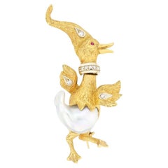 Vintage Diamond and Pearl Duck Brooch, c.1970s