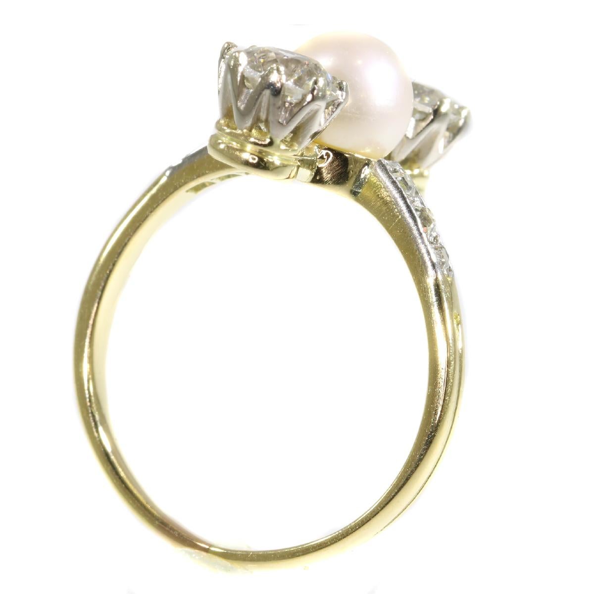 Round Cut Vintage Diamond and Pearl Engagement Ring Belle Epoque Period For Sale