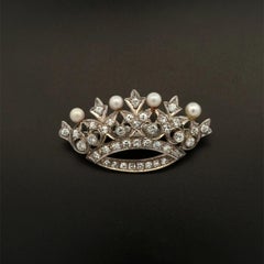 Vintage Diamond and Pearl Gold Crown Brooch Pin Estate Fine Jewelry