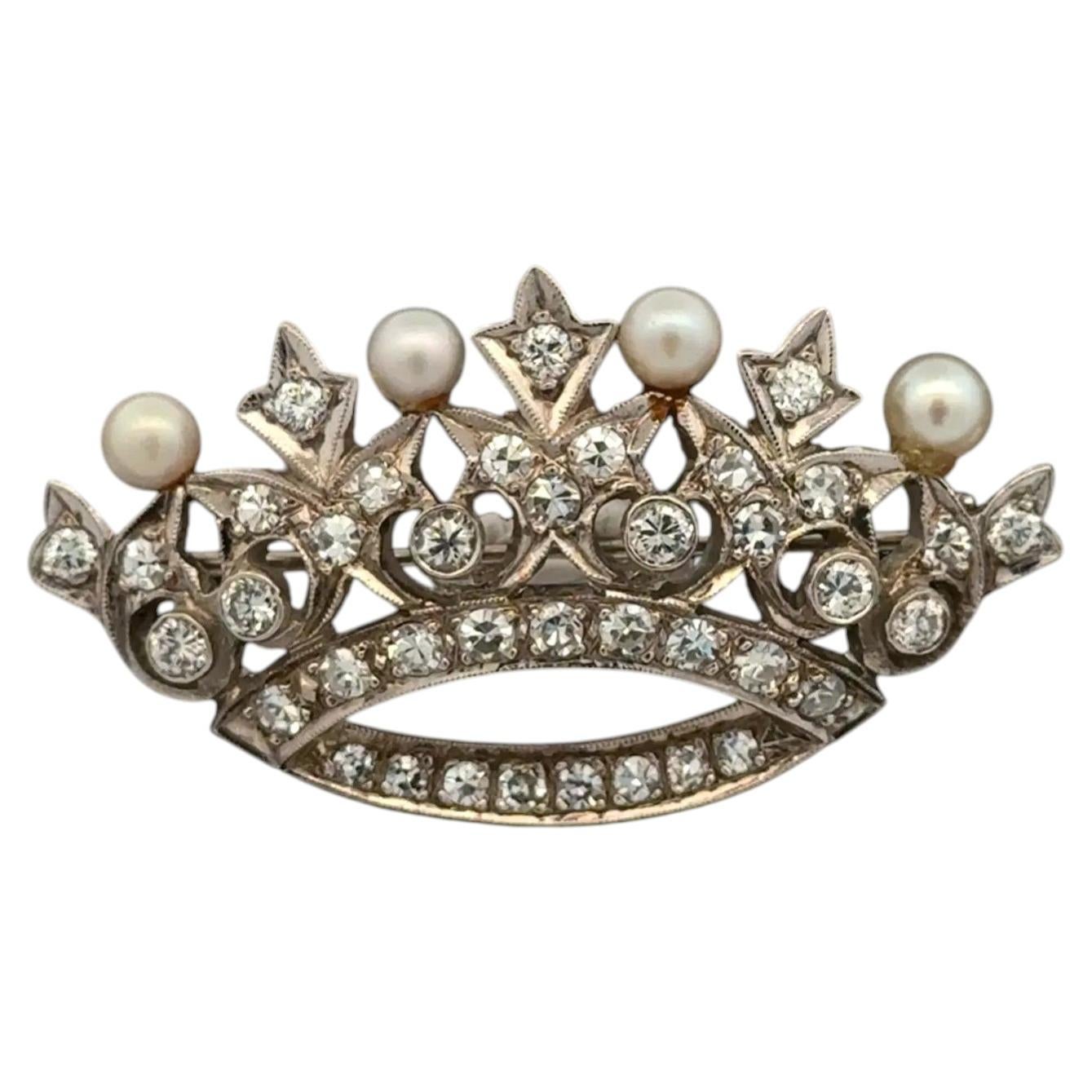 Vintage Diamond and Pearl Gold Crown Brooch Pin Estate Fine Jewelry