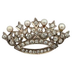 Vintage Diamond and Pearl Gold Crown Brooch Pin Estate Fine Jewelry