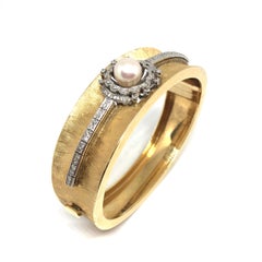 Vintage Diamond and Pearl Satin Finish Gold Bangle Bracelet