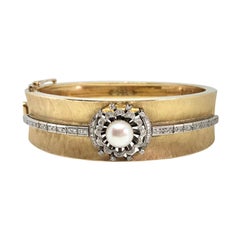 Vintage Diamond and Pearl Satin Finish Gold Bangle Bracelet
