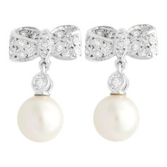 Vintage Diamond and Pearl White Gold Drop Earrings, Circa 1940