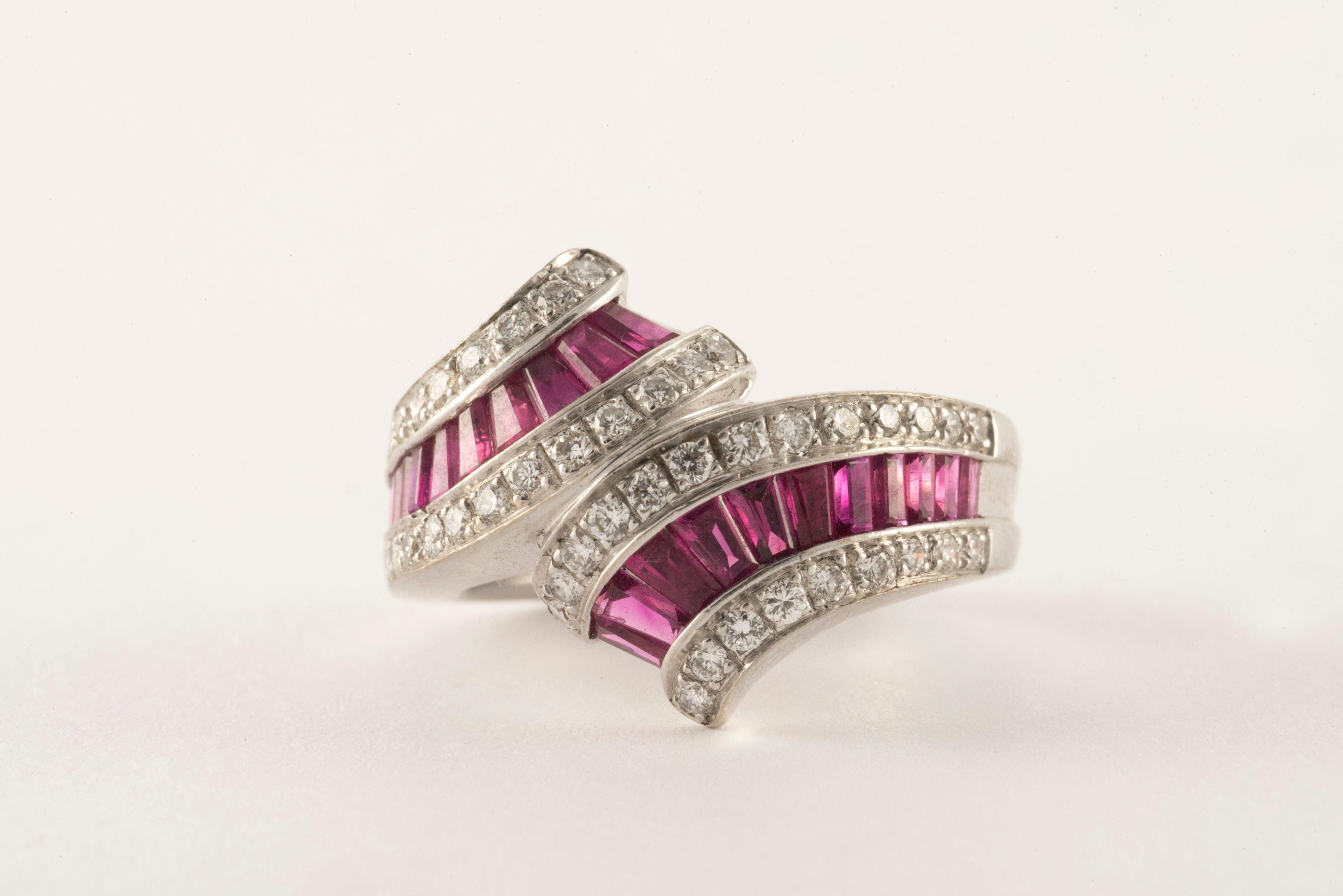 Retro Vintage Diamond and Pink Sapphire Bypass Ring For Sale