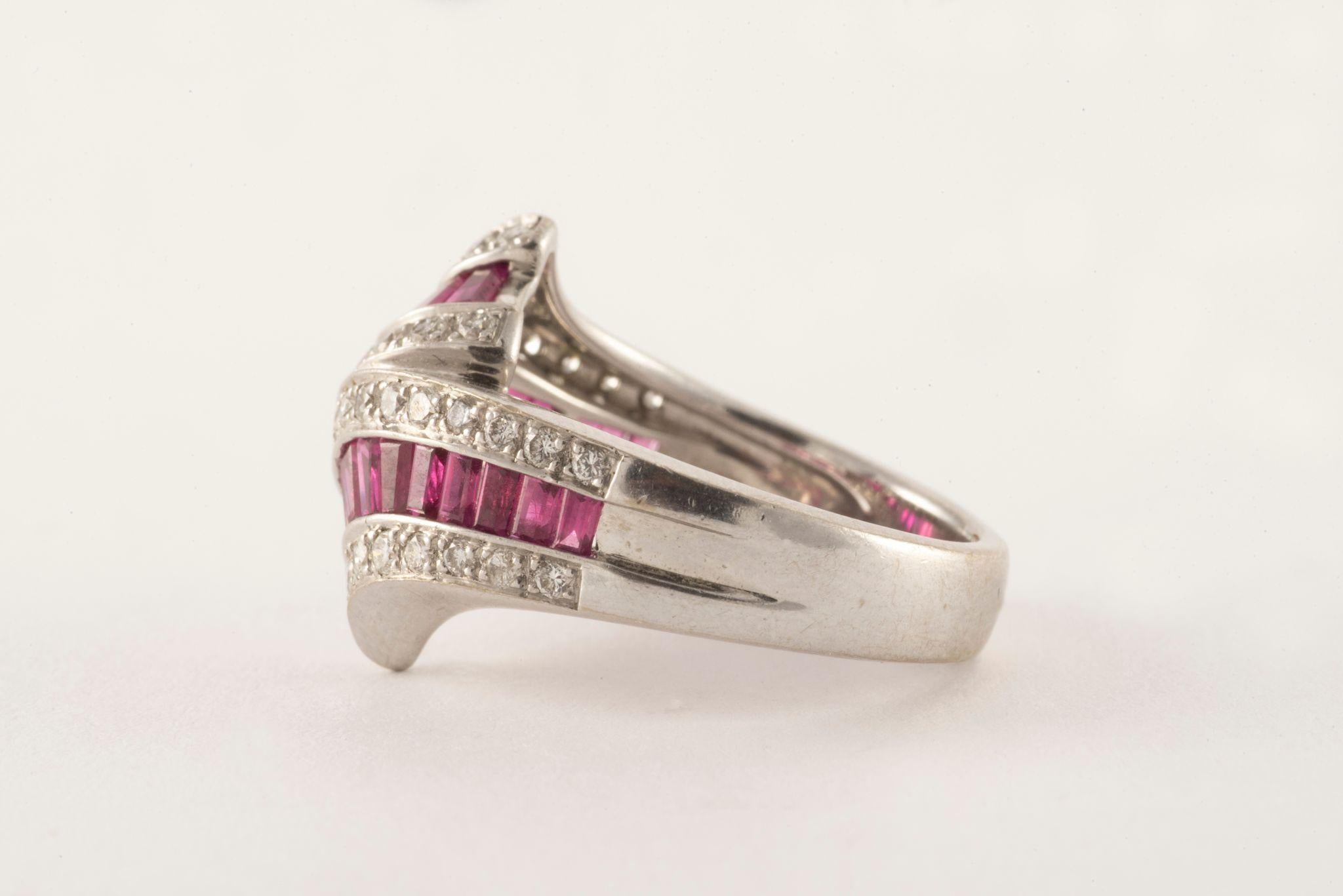 Baguette Cut Vintage Diamond and Pink Sapphire Bypass Ring For Sale