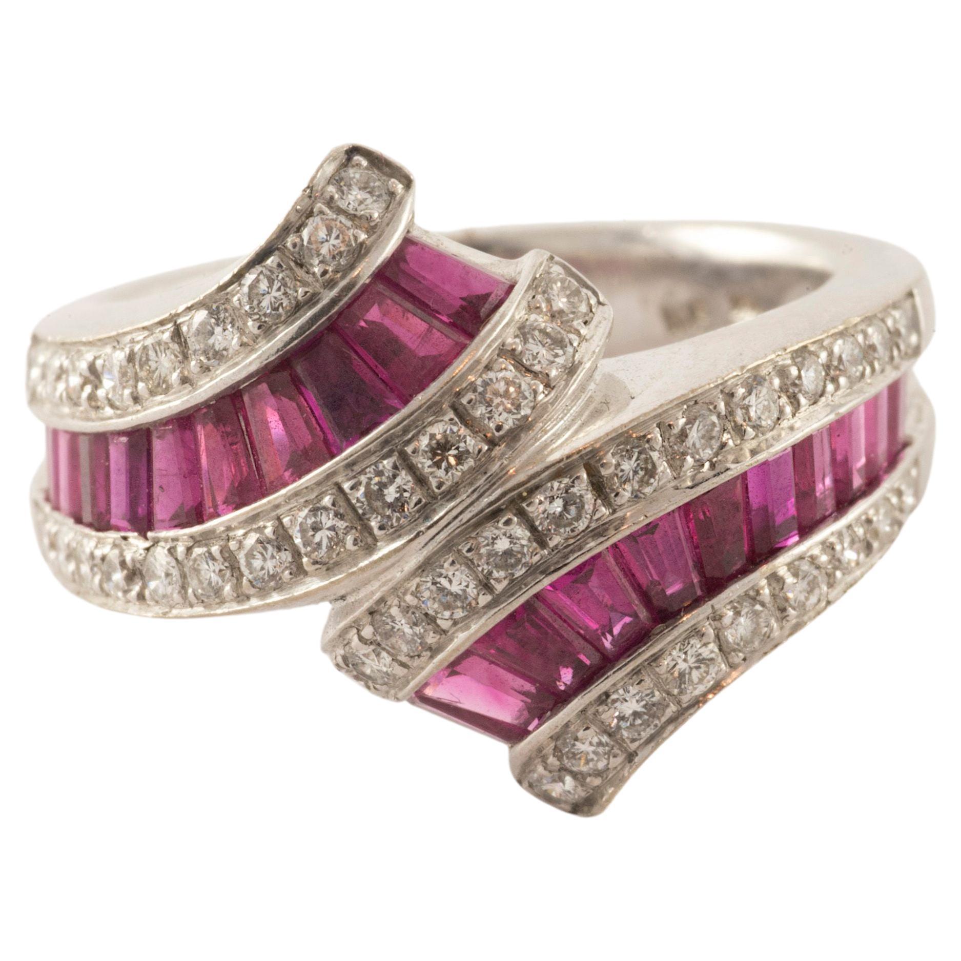 Vintage Diamond and Pink Sapphire Bypass Ring For Sale