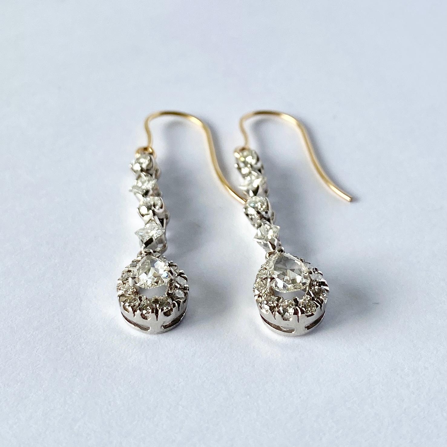 Pear Cut Vintage Diamond and Platinum Drop Earrings For Sale