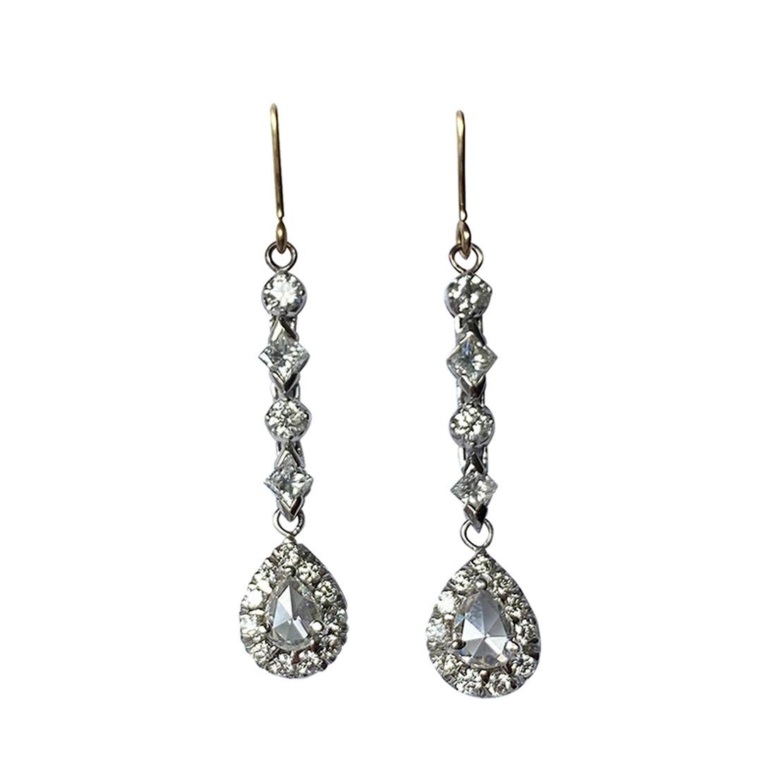 Boucles d'oreilles pendantes vintage en platine et diamants