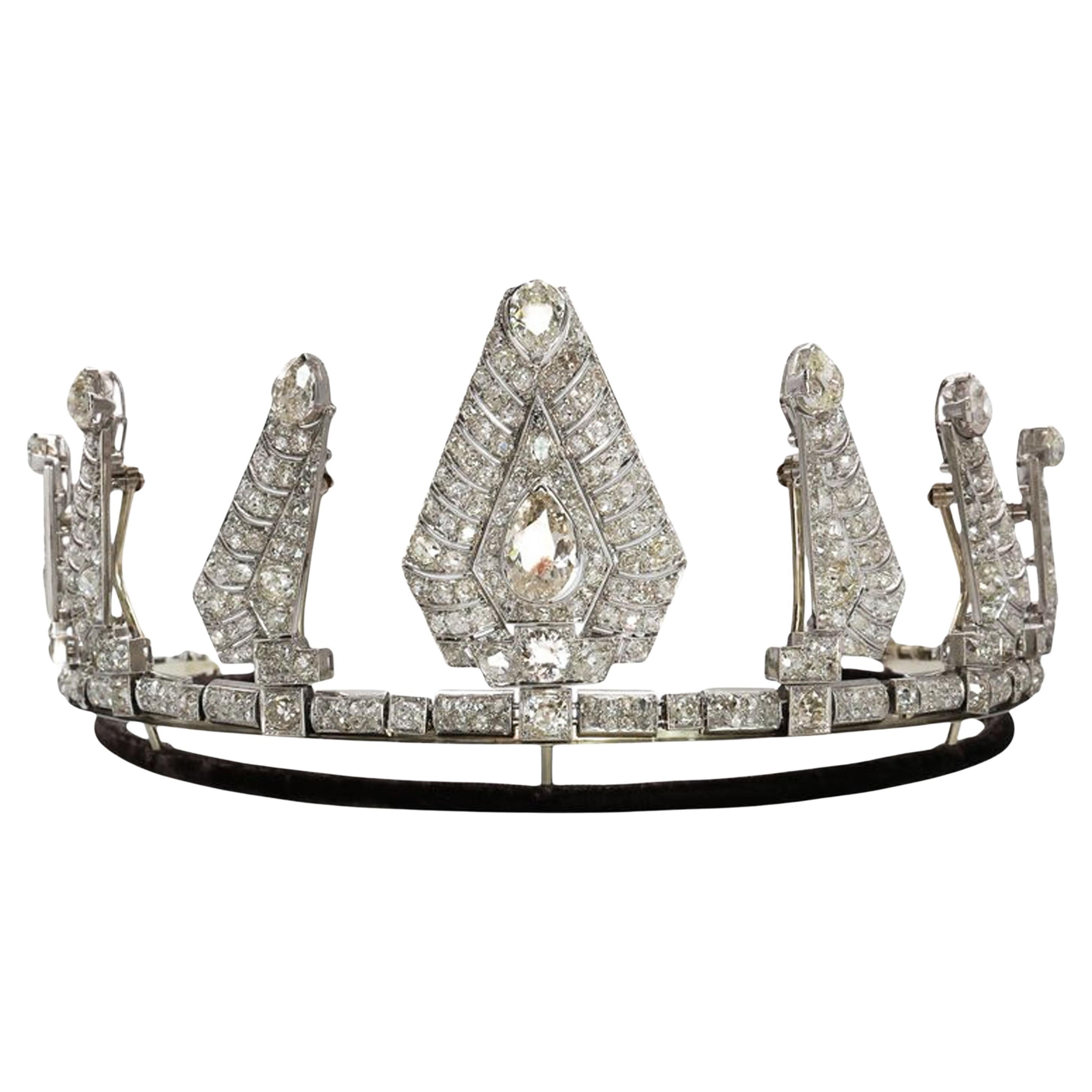 Collana con tiara di diamanti e platino d'epoca, circa 1960, 50,00 carati
