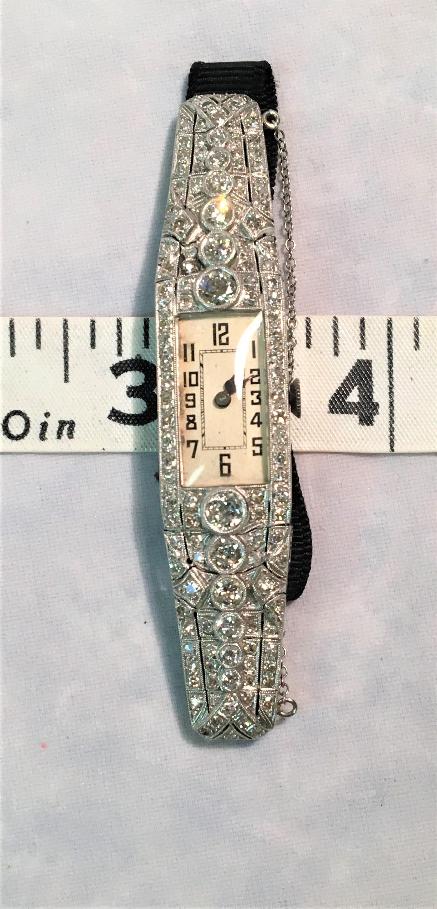 Round Cut Vintage Diamond and Platinum Watch on Ribbon For Sale