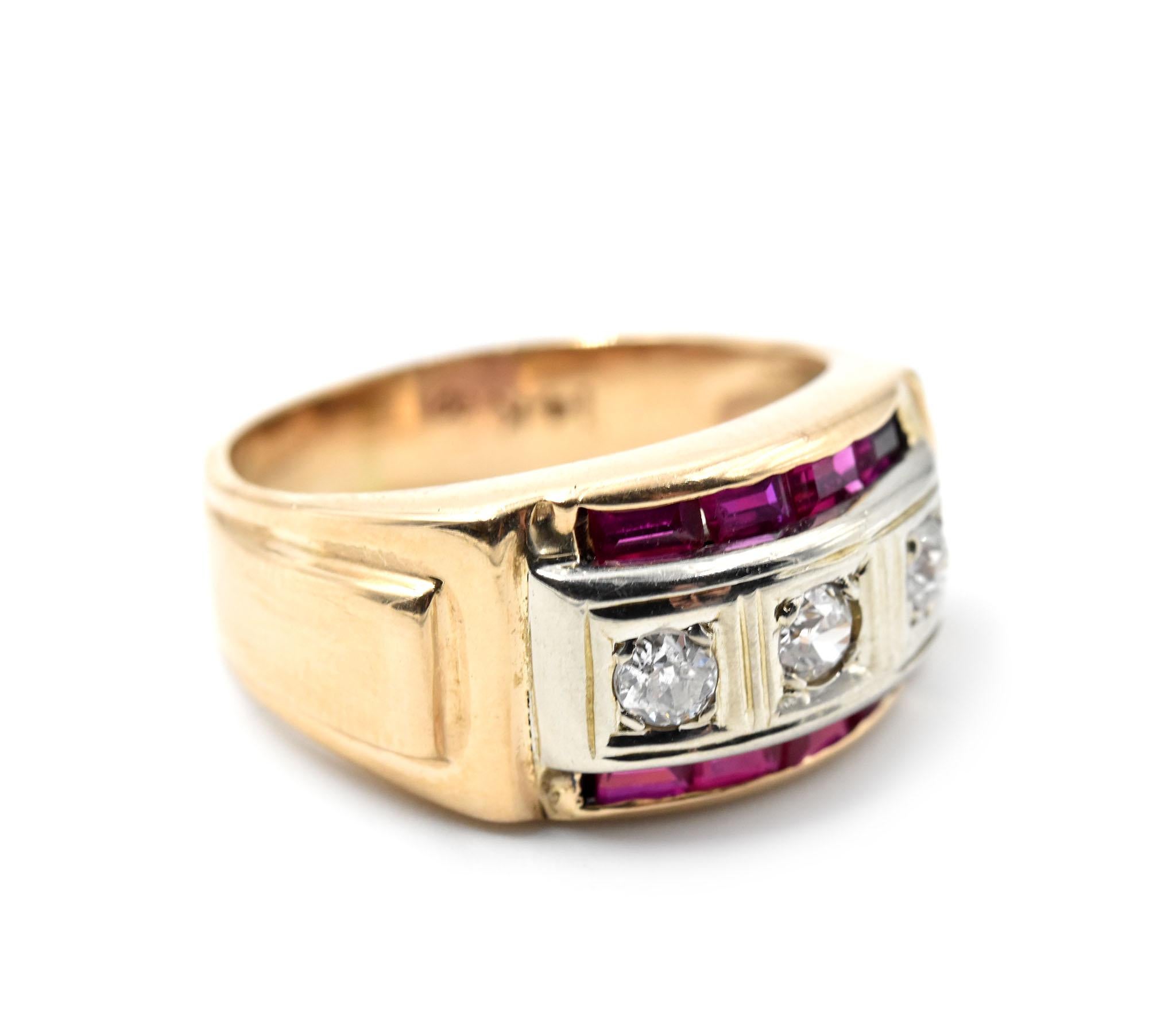 Designer: custom design
Material: 14k yellow gold
Rubies: 0.64 carat weight
Diamonds: three round brilliant cut = 0.27 carat weight
Ring Size: 9 (please allow two additional shipping days for sizing requests)
Weight: 9.45 grams
