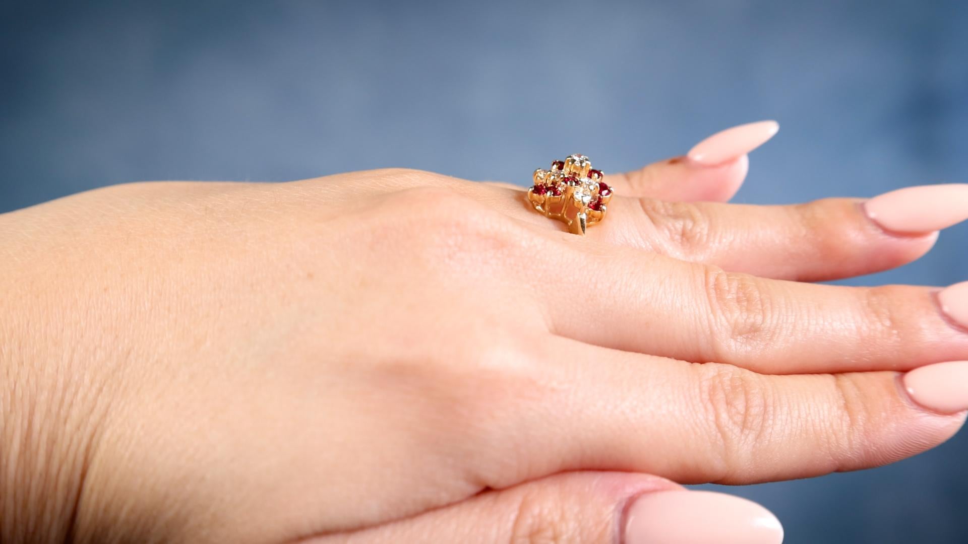 Brilliant Cut Vintage Diamond and Ruby 14k Yellow Gold Cluster Ring For Sale