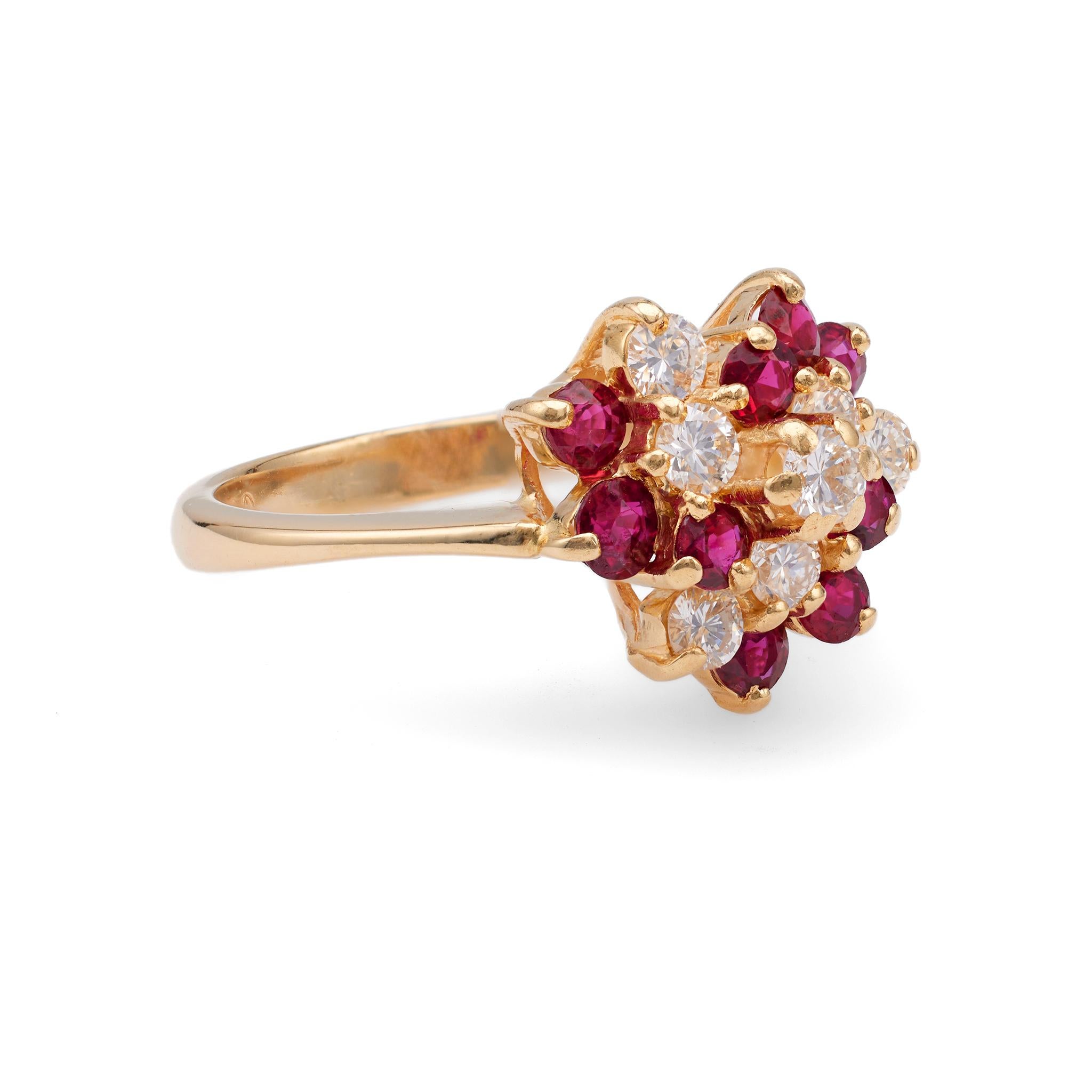 Vintage Diamond and Ruby 14k Yellow Gold Cluster Ring In Good Condition For Sale In Beverly Hills, CA