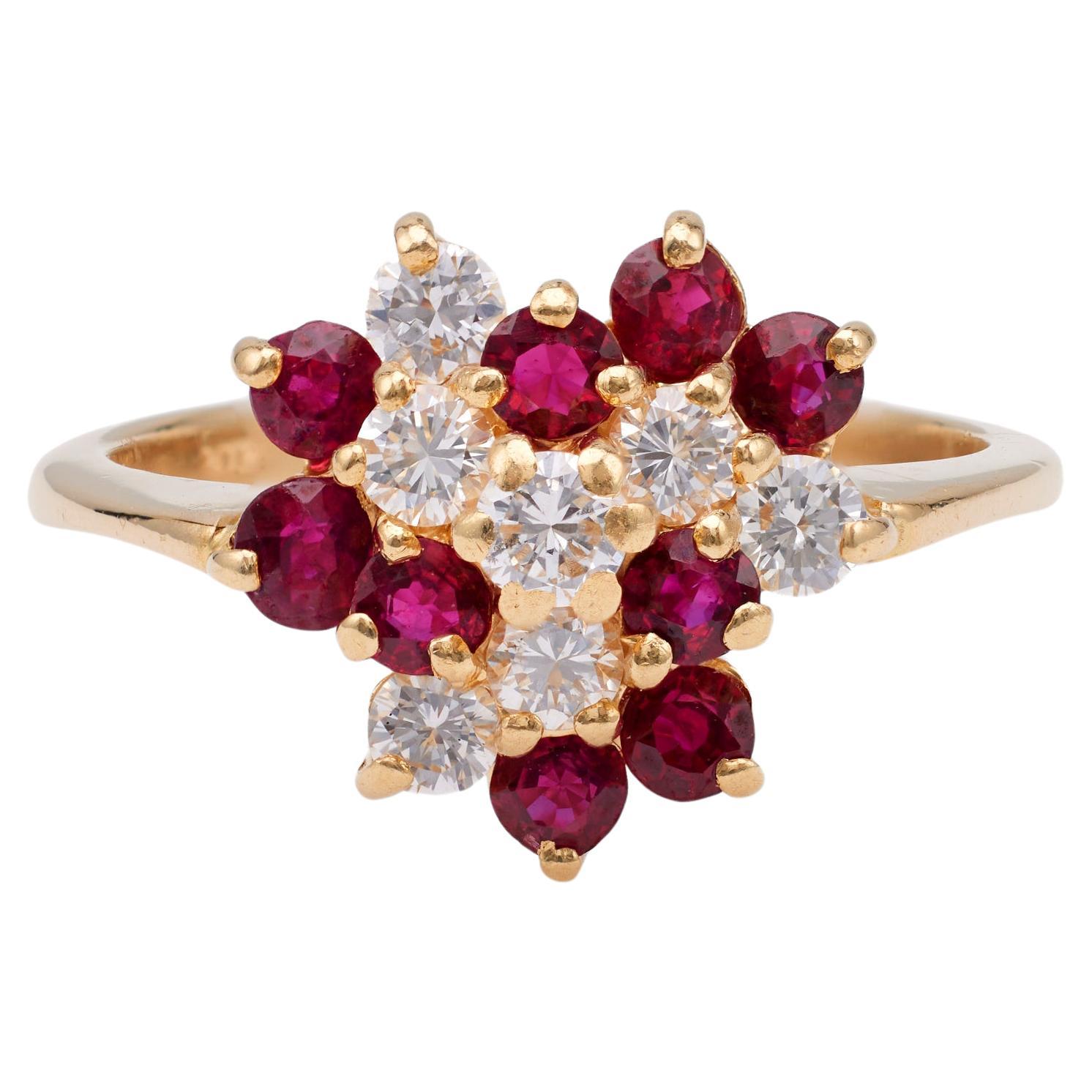 Vintage Diamond and Ruby 14k Yellow Gold Cluster Ring For Sale