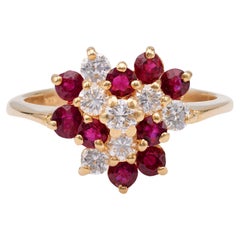 Retro Diamond and Ruby 14k Yellow Gold Cluster Ring