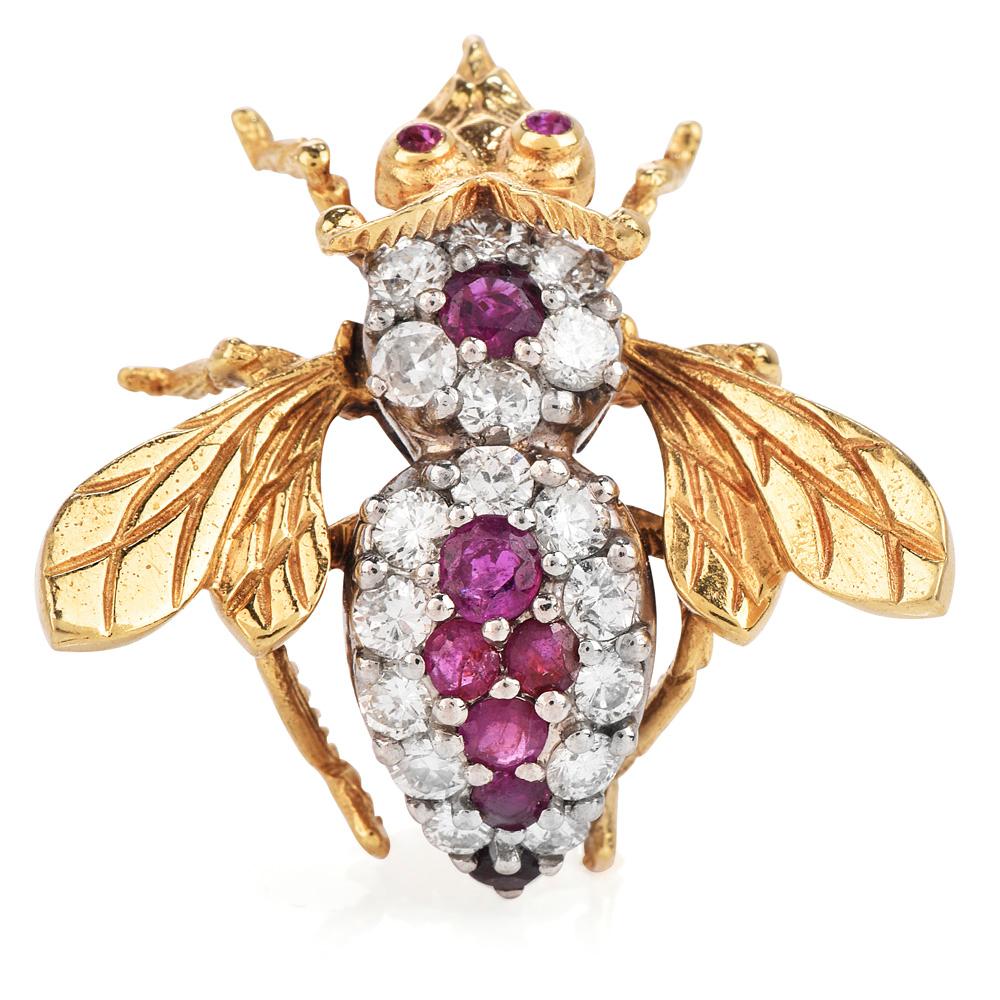 Retro Vintage Diamond and Ruby Bee 18k Gold Brooch Pin