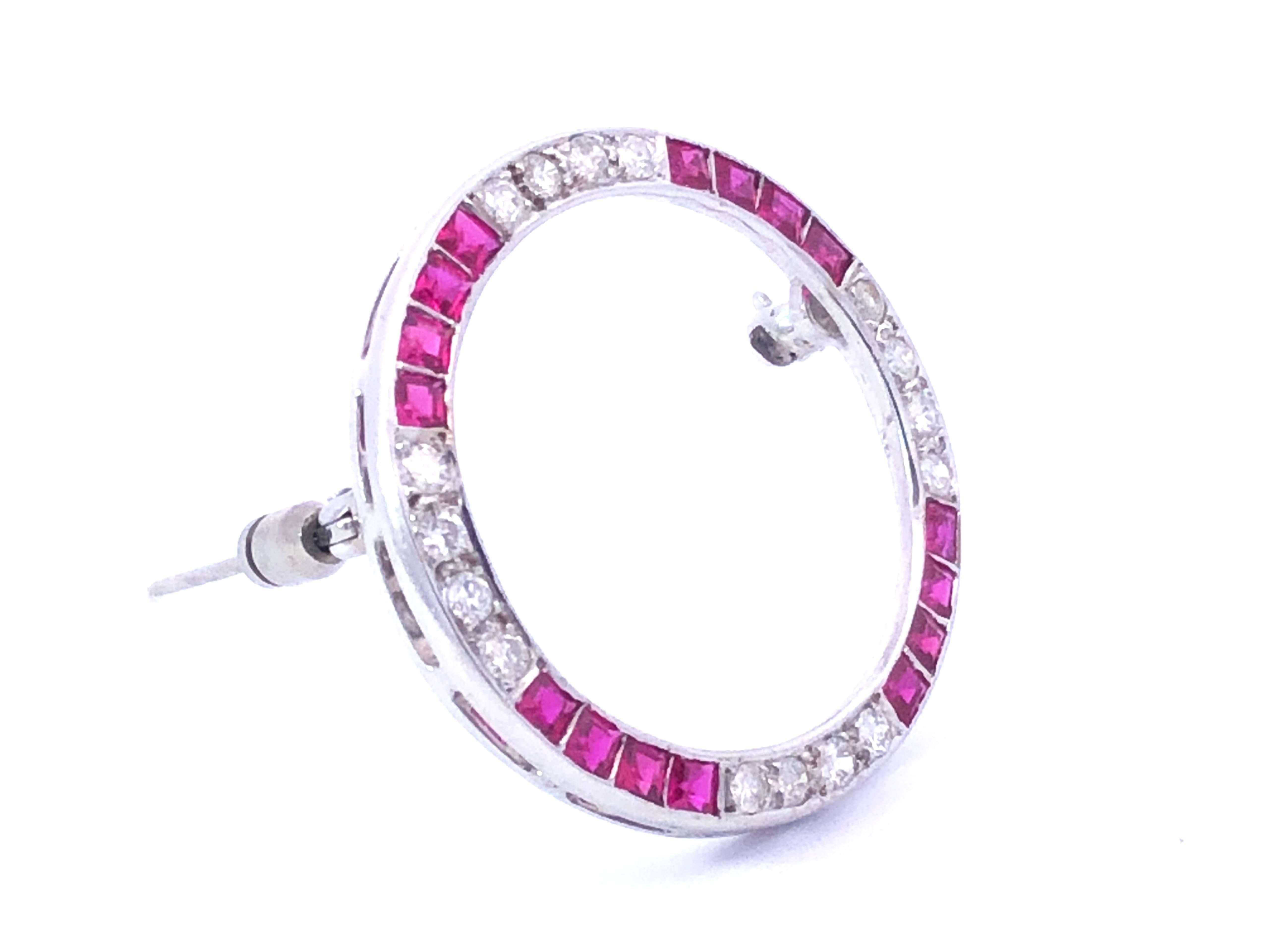 Art Deco Vintage Diamond and Ruby Circle Brooch in Platinum For Sale