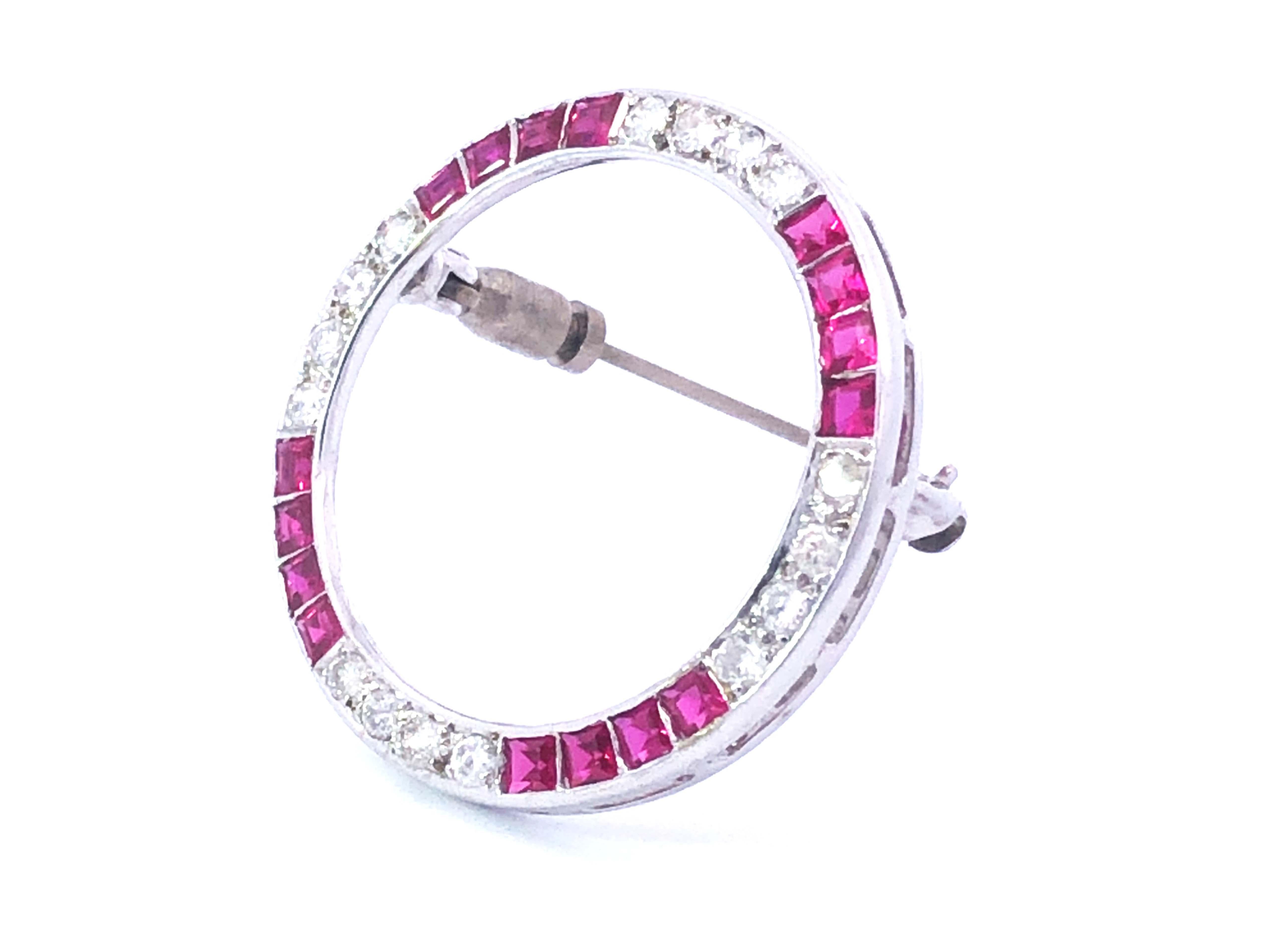 Round Cut Vintage Diamond and Ruby Circle Brooch in Platinum For Sale