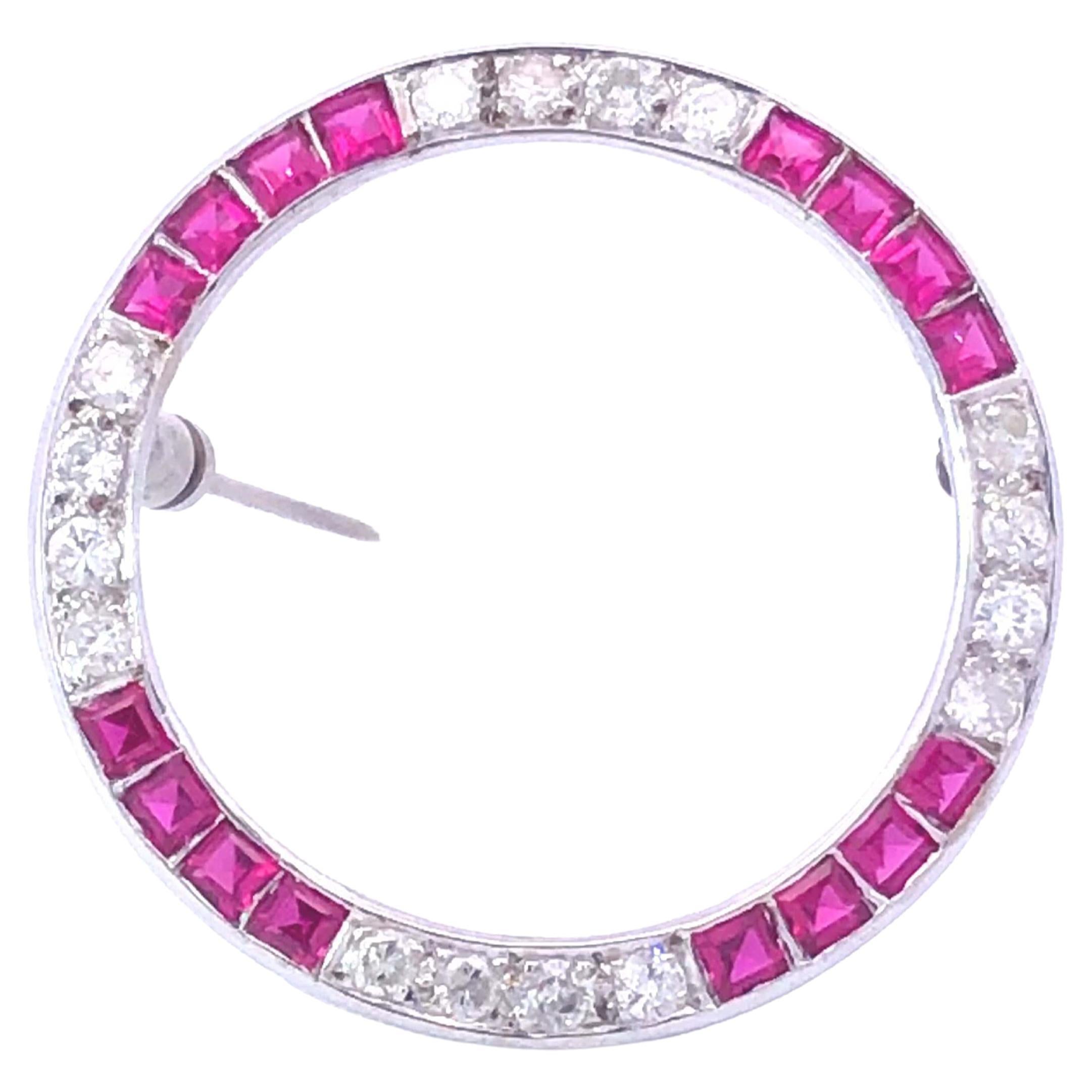 Vintage Diamond and Ruby Circle Brooch in Platinum