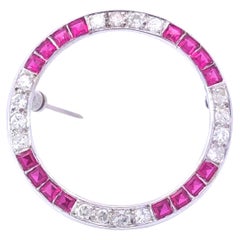 Vintage Diamond and Ruby Circle Brooch in Platinum