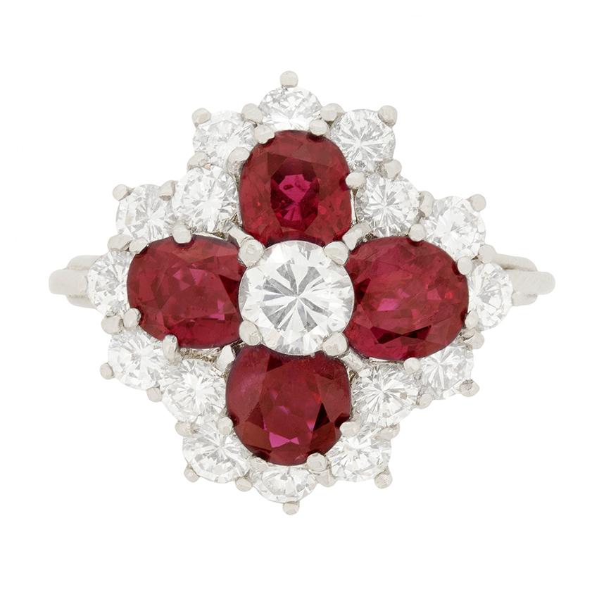 Vintage Diamond and Ruby Cluster Ring, circa 1970s For Sale