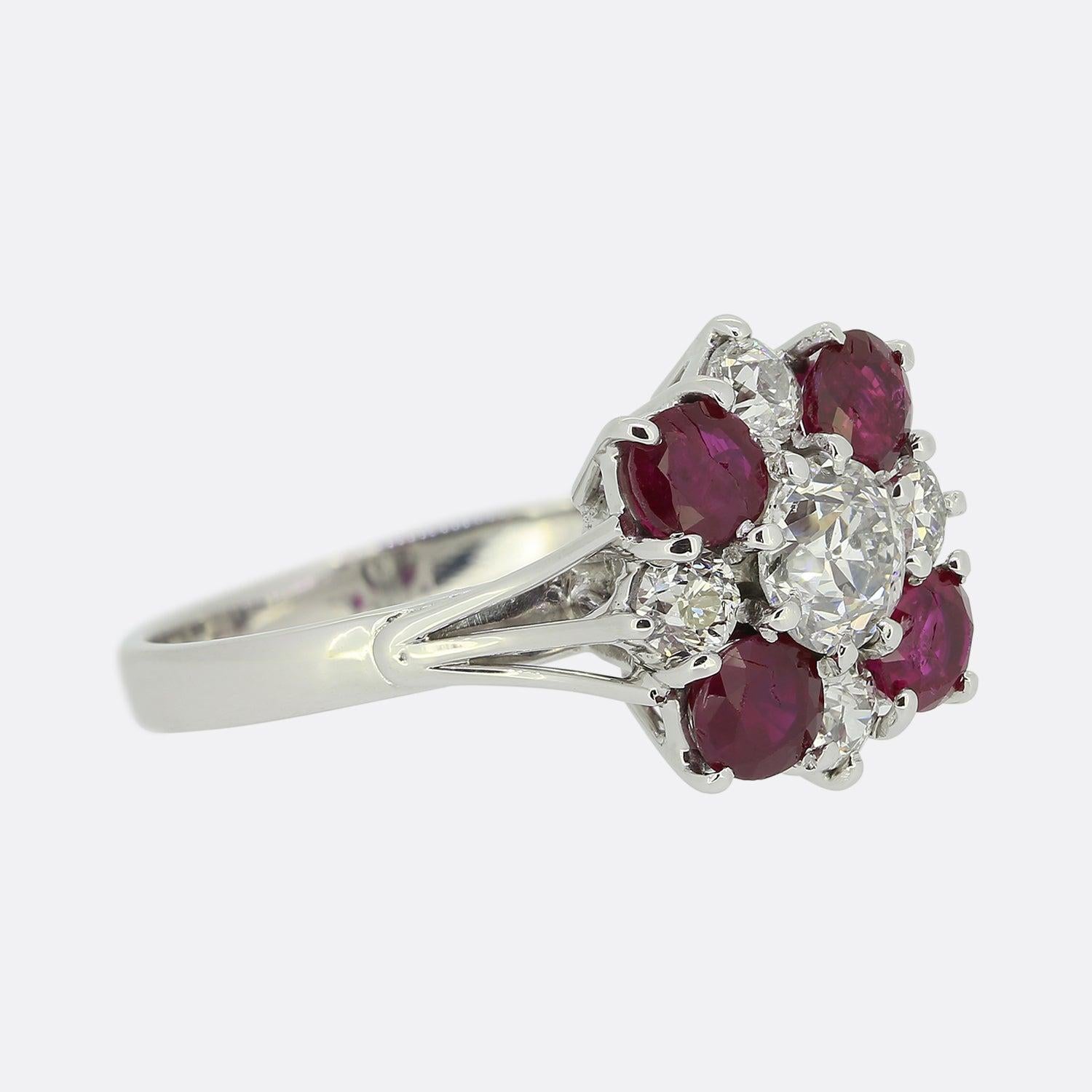 Old European Cut Vintage Diamond and Ruby Cluster Ring For Sale