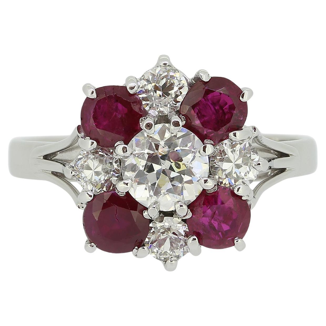 Vintage Diamond and Ruby Cluster Ring For Sale