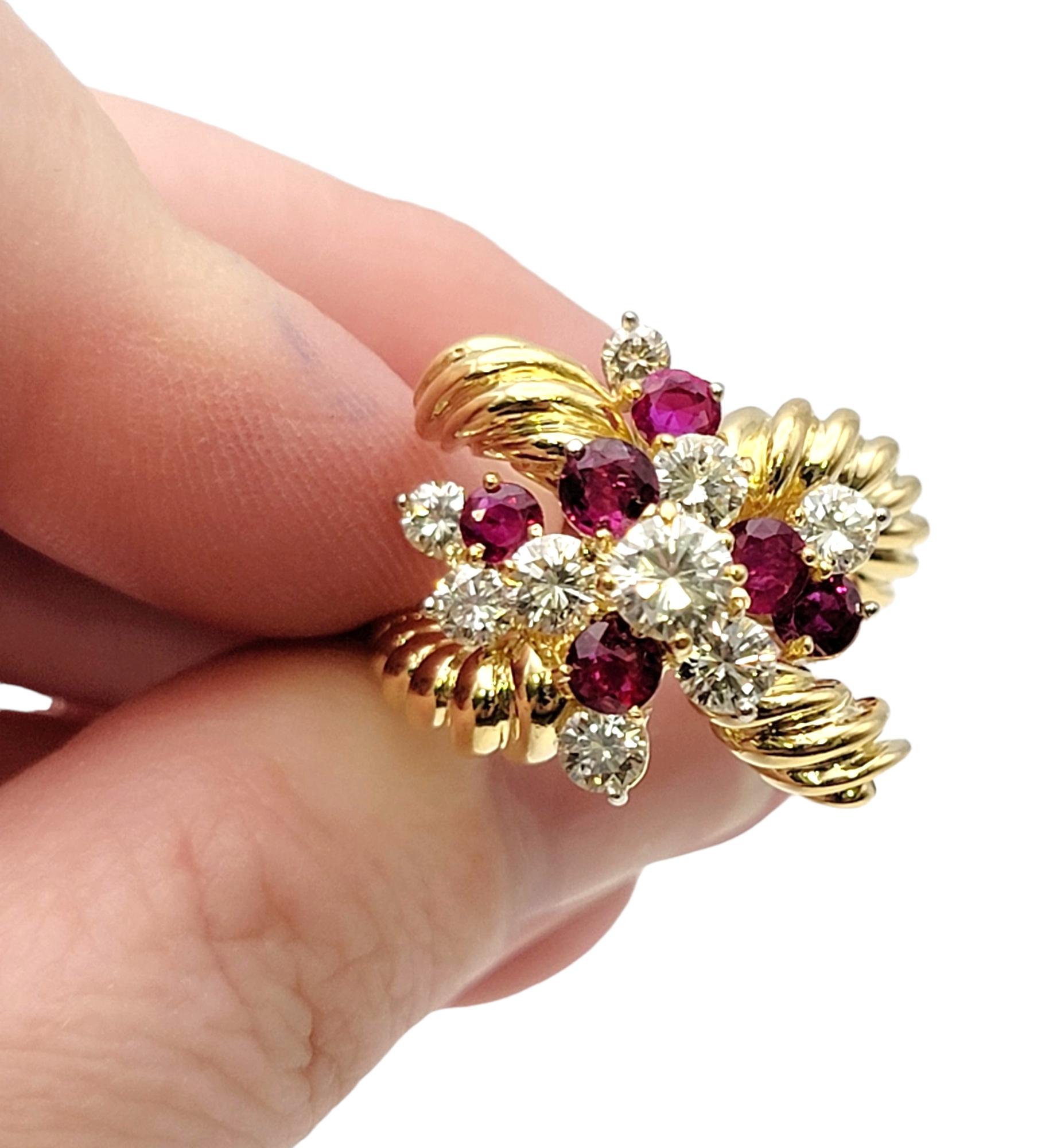 Vintage Diamond and Ruby Cluster Spray Ring 18 Karat Yellow Gold Crossover Style For Sale 4