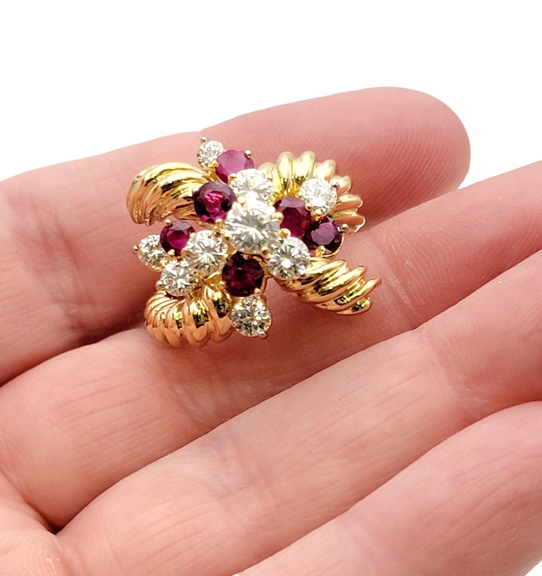 Vintage Diamond and Ruby Cluster Spray Ring 18 Karat Yellow Gold Crossover Style For Sale 5