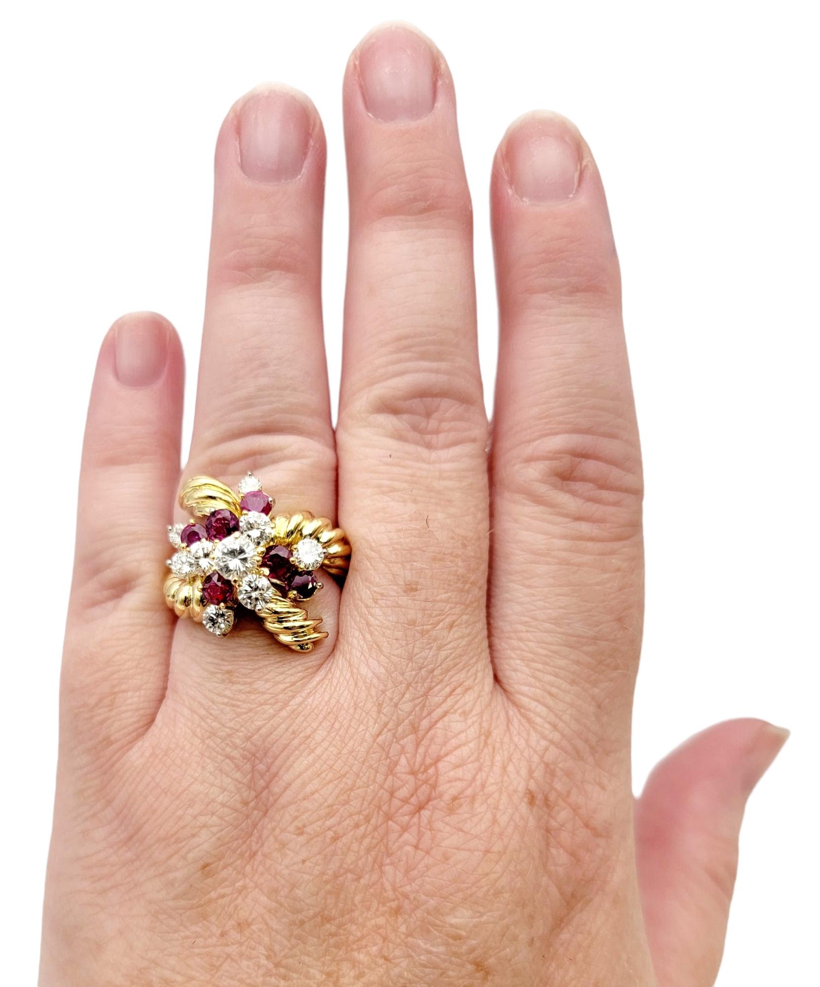 Vintage Diamond and Ruby Cluster Spray Ring 18 Karat Yellow Gold Crossover Style For Sale 6