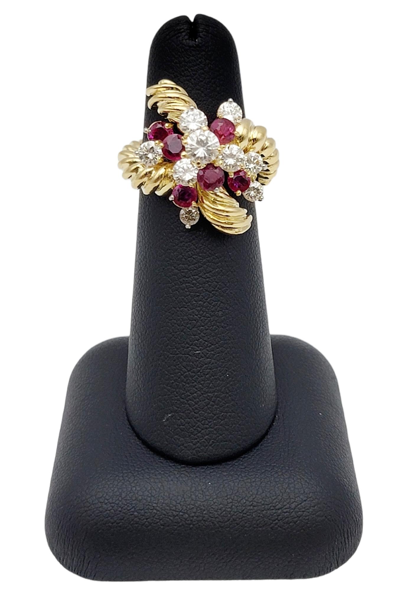Vintage Diamond and Ruby Cluster Spray Ring 18 Karat Yellow Gold Crossover Style For Sale 7