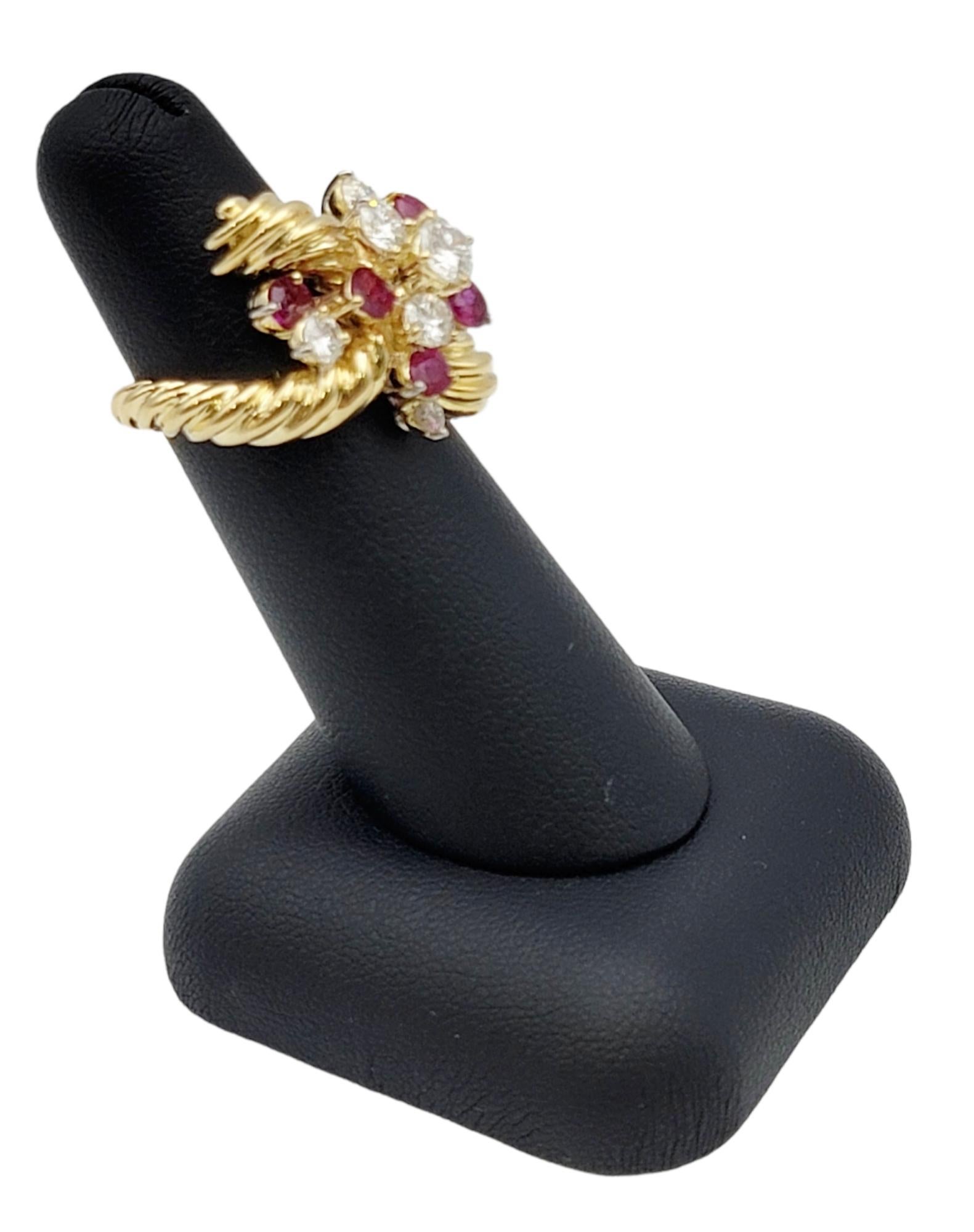 Vintage Diamond and Ruby Cluster Spray Ring 18 Karat Yellow Gold Crossover Style For Sale 8
