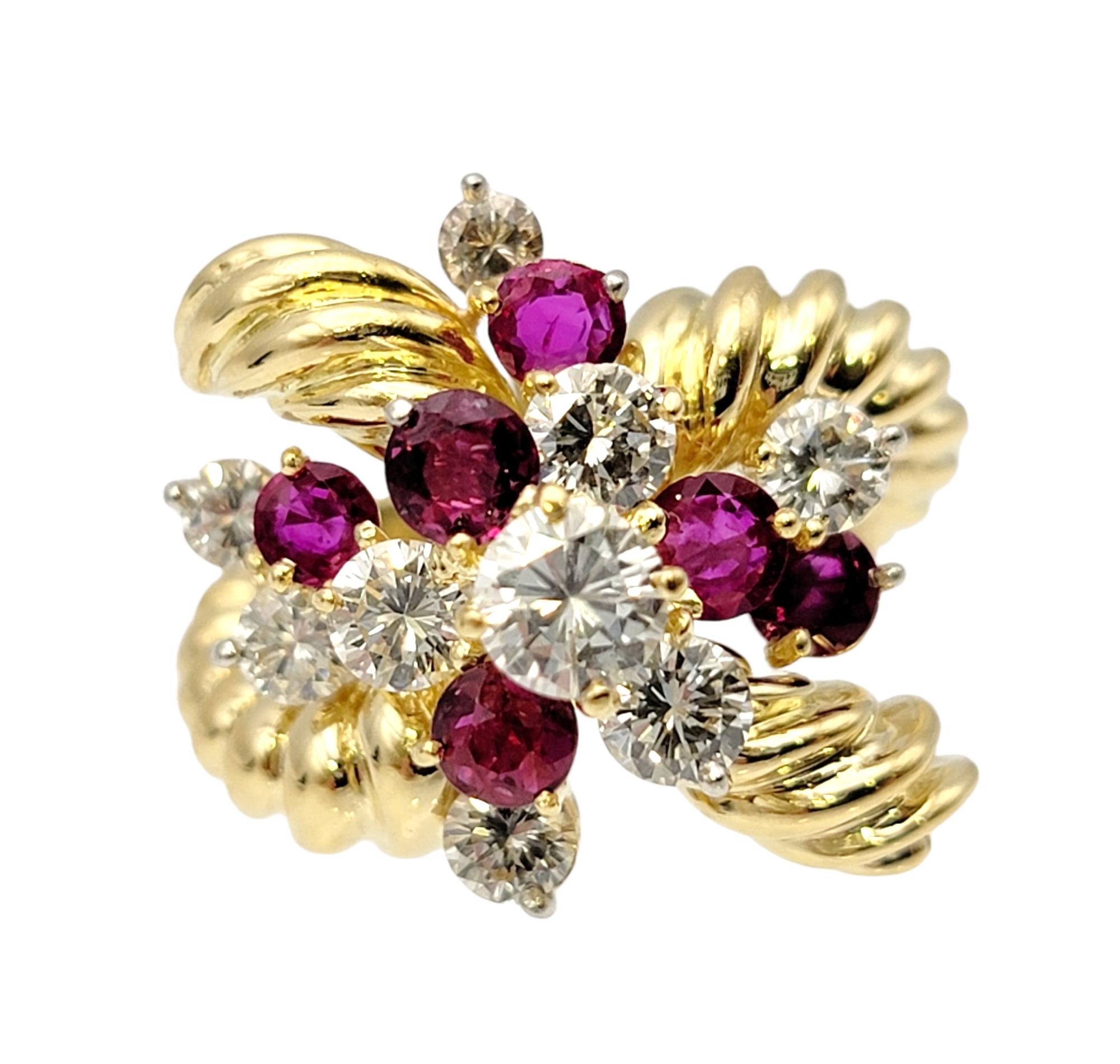 Ring Size: 5.5

This exquisite diamond and ruby ring absolutely bursts with sparkle! The unique design fills the finger with glittery elegance and truly makes a WOW statement. The clustered, tiered layout allows the natural round diamonds and rubies